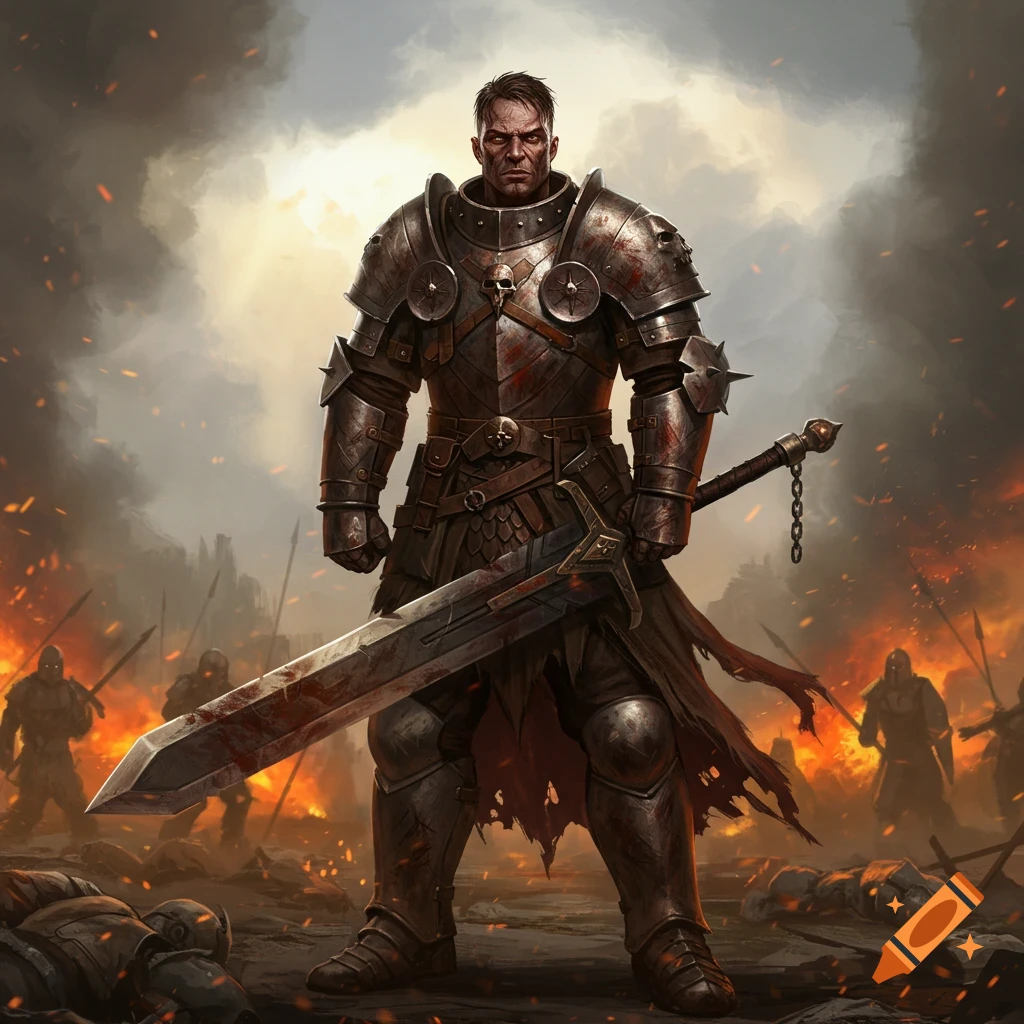 Battle-worn soldier in detailed armor holding a bloody greatsword amidst a fiery battle scene with fallen foes.