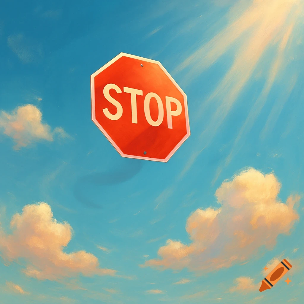 A red stop sign floats in a vibrant blue sky with fluffy white clouds and bright sun rays.