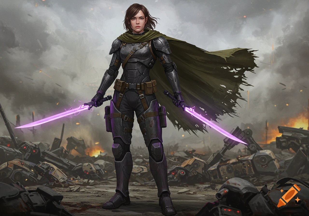 A female warrior in dark armor and a cape stands confidently on a war-torn battlefield with shattered robots, holding two glowing violet energy blades.
