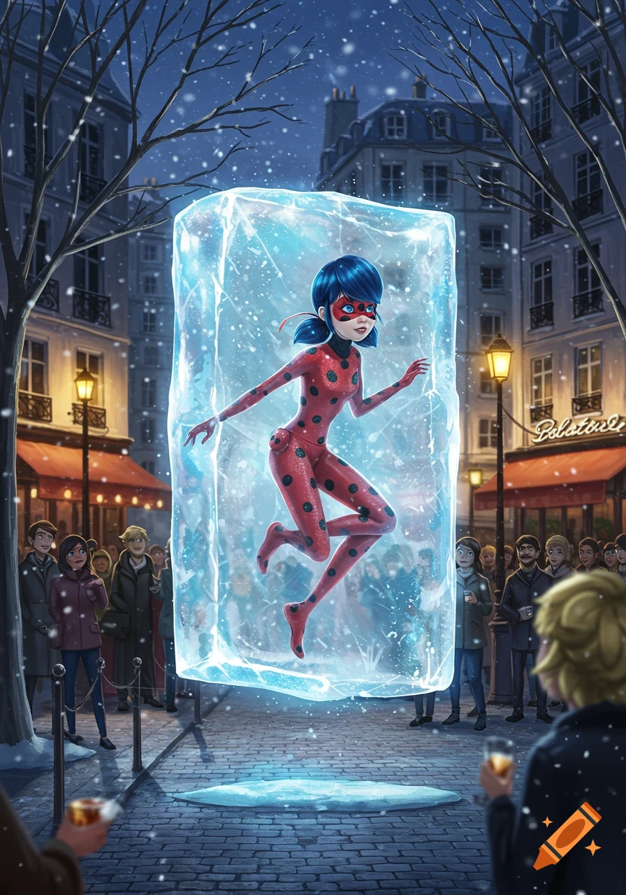 Ladybug from Miraculous Ladybug is frozen inside a large block of ice in a snowy city street, surrounded by onlookers.