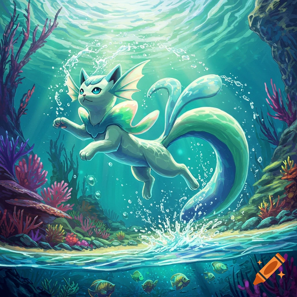 A vibrant, cat-like water creature with fins and a large tail swims underwater, surrounded by colorful coral and small fish.