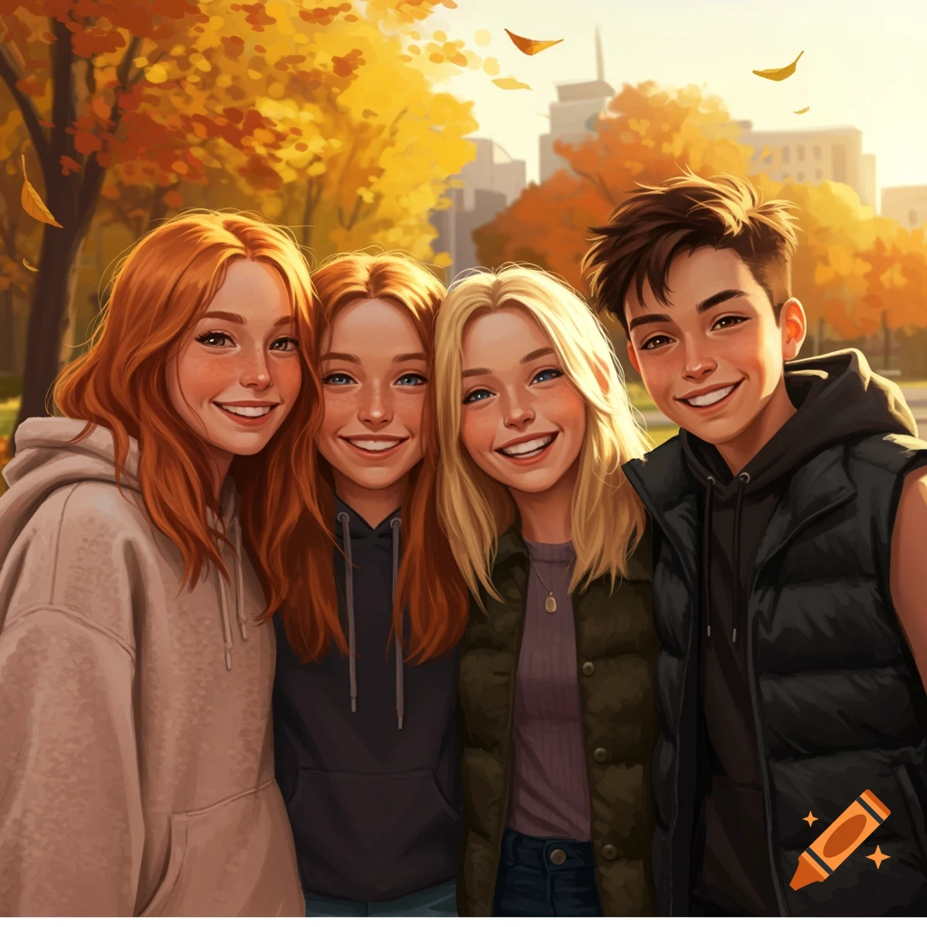 Stylized illustration of three girls and one boy bundled together, smiling at the camera in an autumn park with falling leaves.