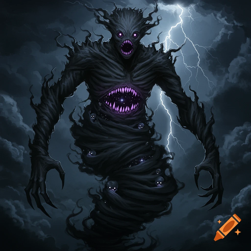 A dark, smoky humanoid monster with glowing purple eyes and mouths, surrounded by lightning in a stormy sky.