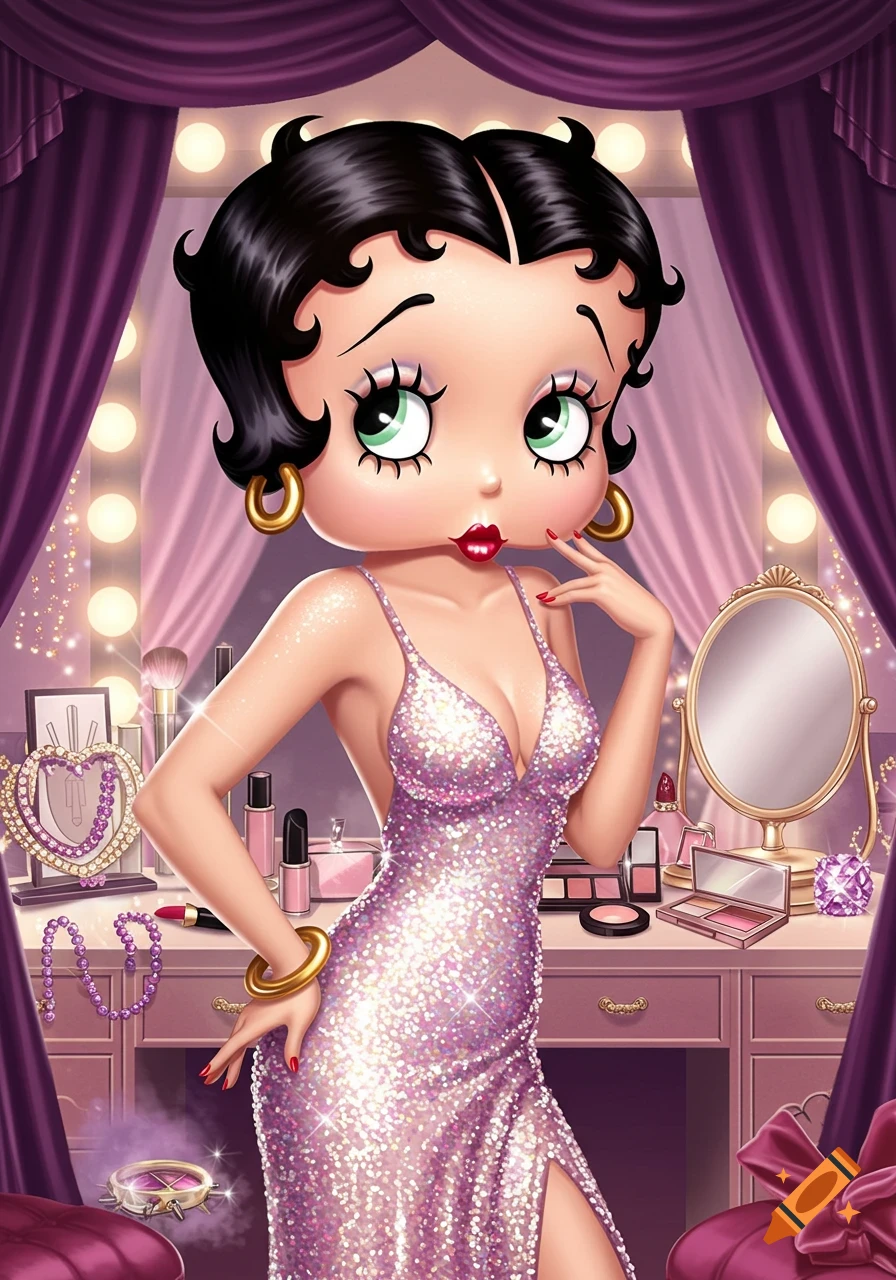 Betty Boop in a sparkly pink dress poses elegantly in a glamorous dressing room with a vanity and stage lights.
