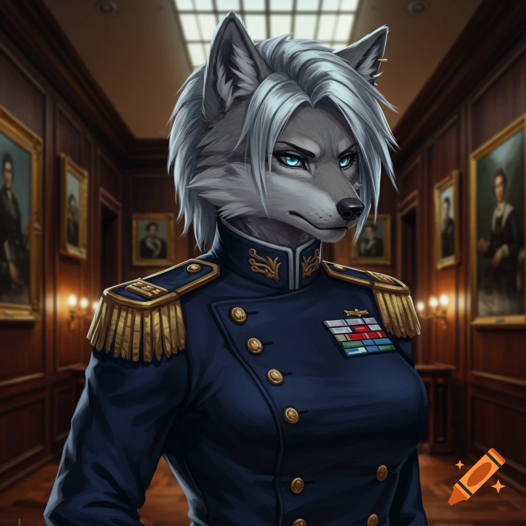 A female anthropomorphic wolf with spiky white hair and blue eyes wears a dark blue formal military uniform, standing in an elegant hallway.