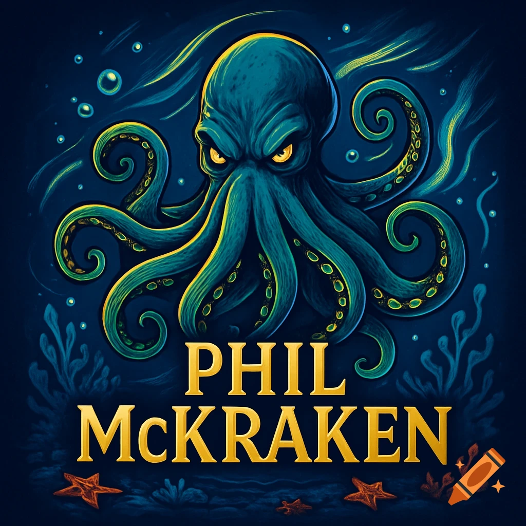 An illustrative logo featuring an angry blue and green kraken with glowing eyes, surrounded by bubbles and seaweed, with 'PHIL McKRAKEN' in gold text below.