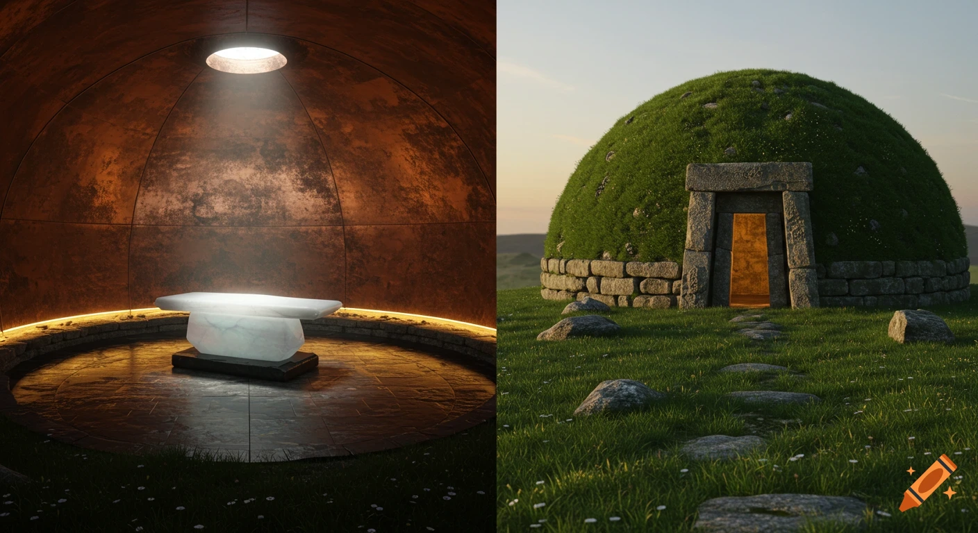 Photorealistic split image showing a futuristic copper-domed healing chamber interior and a grass-covered stone tomb exterior at dusk.