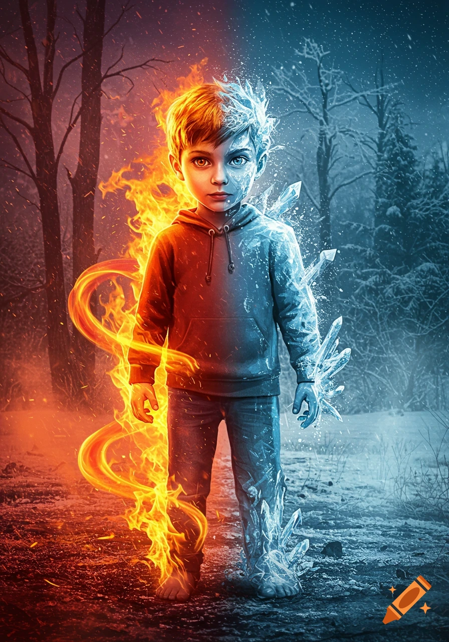 Young boy split into fire and ice, standing in a magical forest with fiery and snowy halves. Digital art.