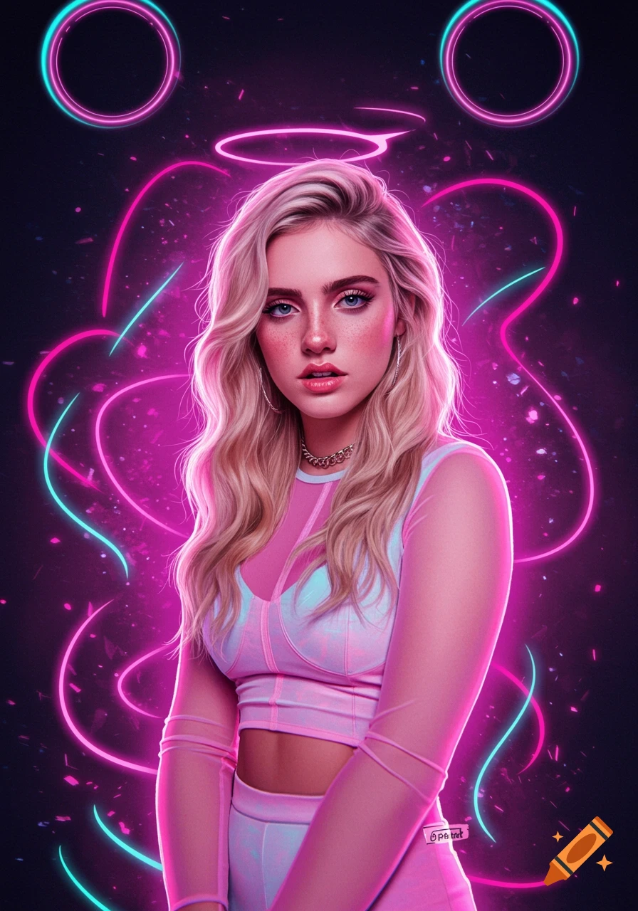 A young woman with blonde hair and blue eyes, wearing a pink crop top and pants, surrounded by glowing neon pink and blue lights on a dark background.
