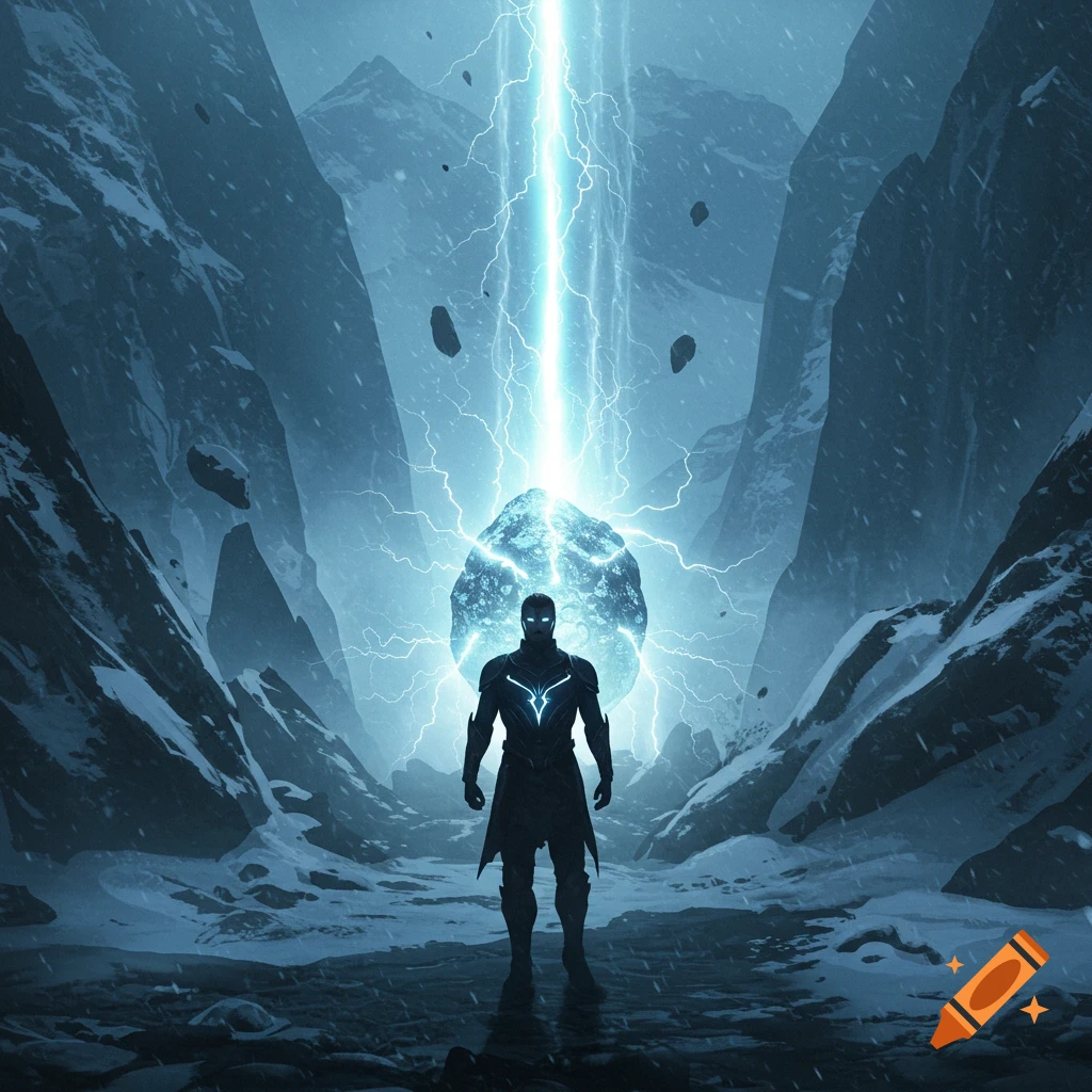 Armored figure with glowing blue accents stands in snowy mountains as a meteorite emits a powerful beam of light.