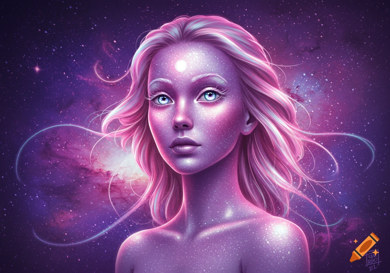 Close-up portrait of a luminous purple alien-like woman with pink hair and blue eyes against a starry galaxy background.