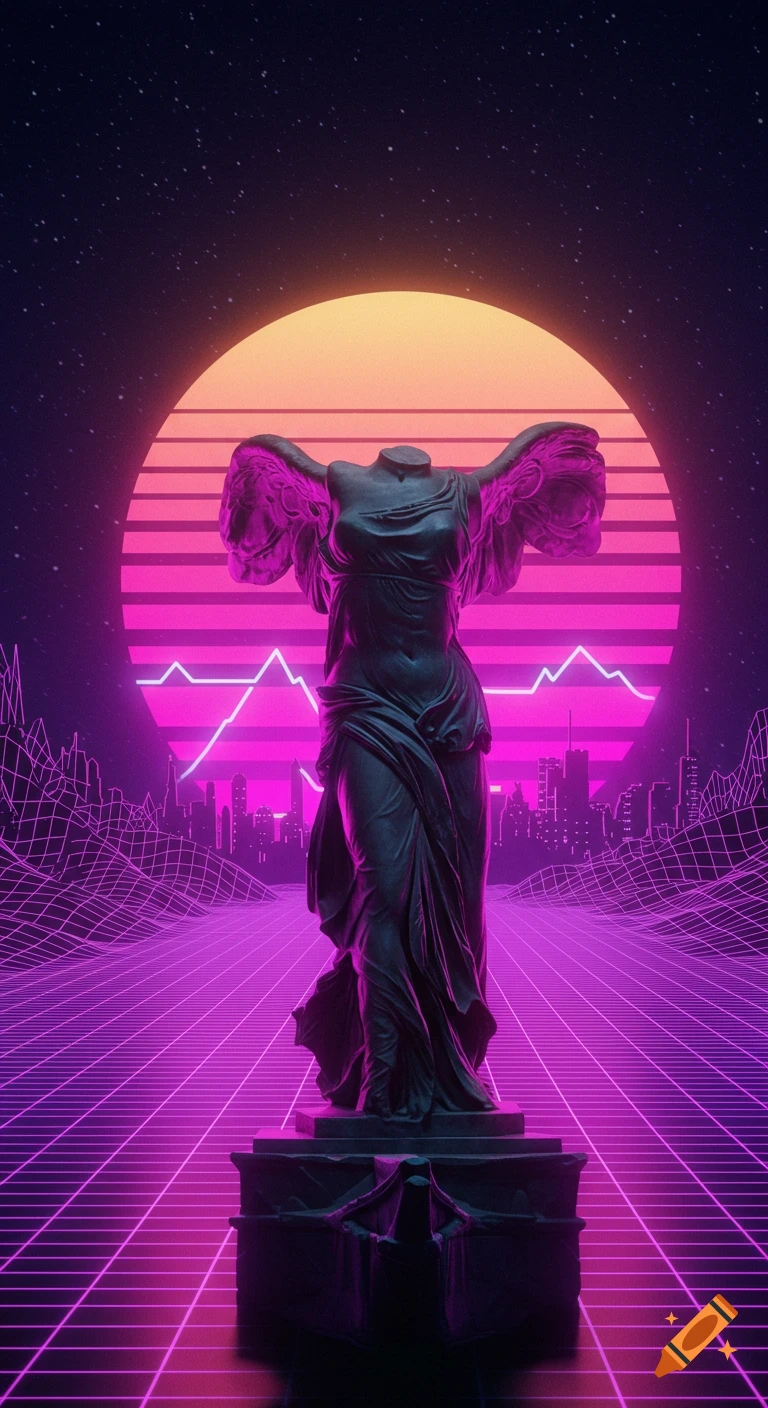 Winged Victory of Samothrace statue in a vibrant purple and pink synthwave landscape with a sunset and starry sky.