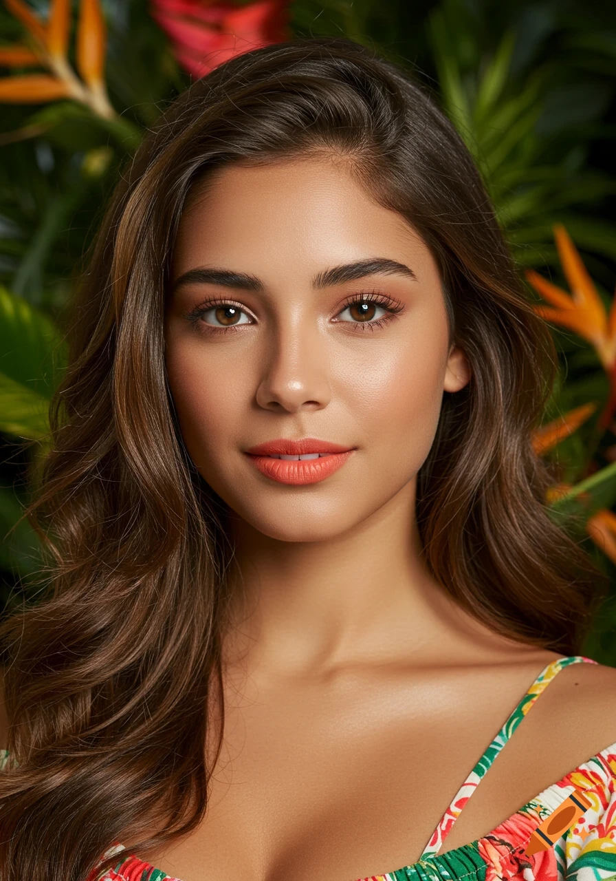 Photorealistic close-up portrait of a light-skinned woman with long brown hair, coral lipstick, and a tropical background.