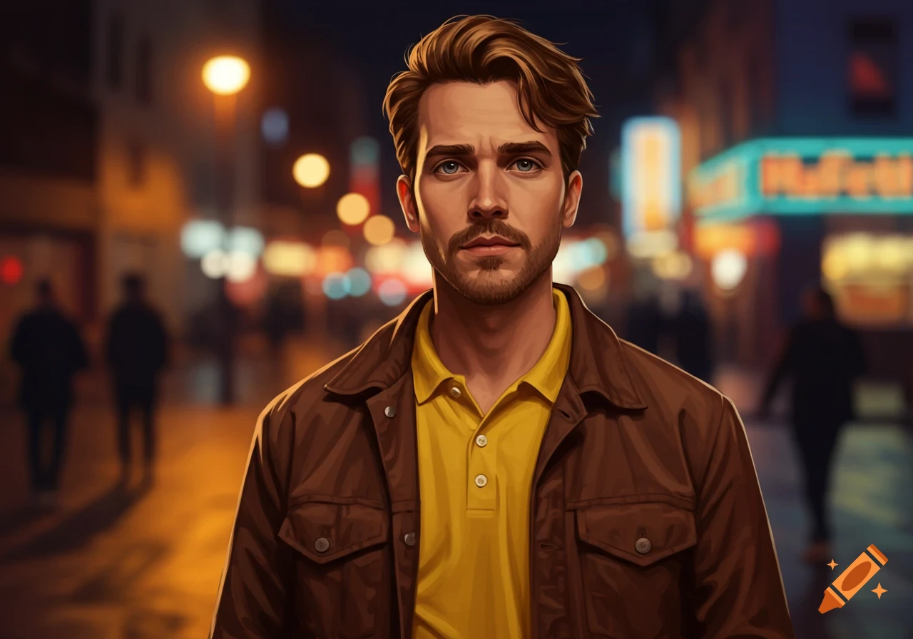 A photorealistic portrait of a man with a beard and brown hair, wearing a brown jacket and yellow shirt, standing on a city street at night.