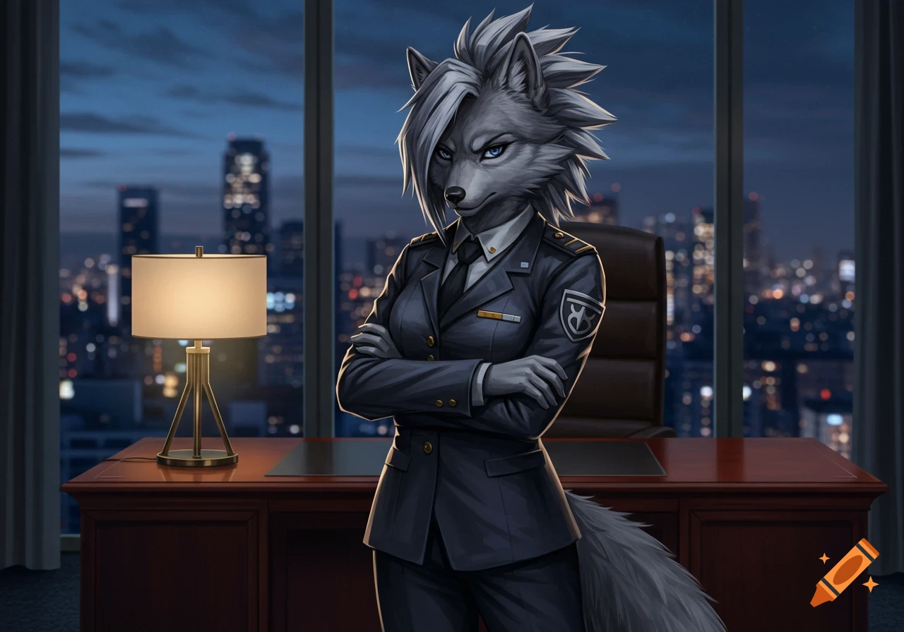 A grey anthropomorphic wolf in a formal dark uniform stands with arms crossed in an office, overlooking a city skyline at night.
