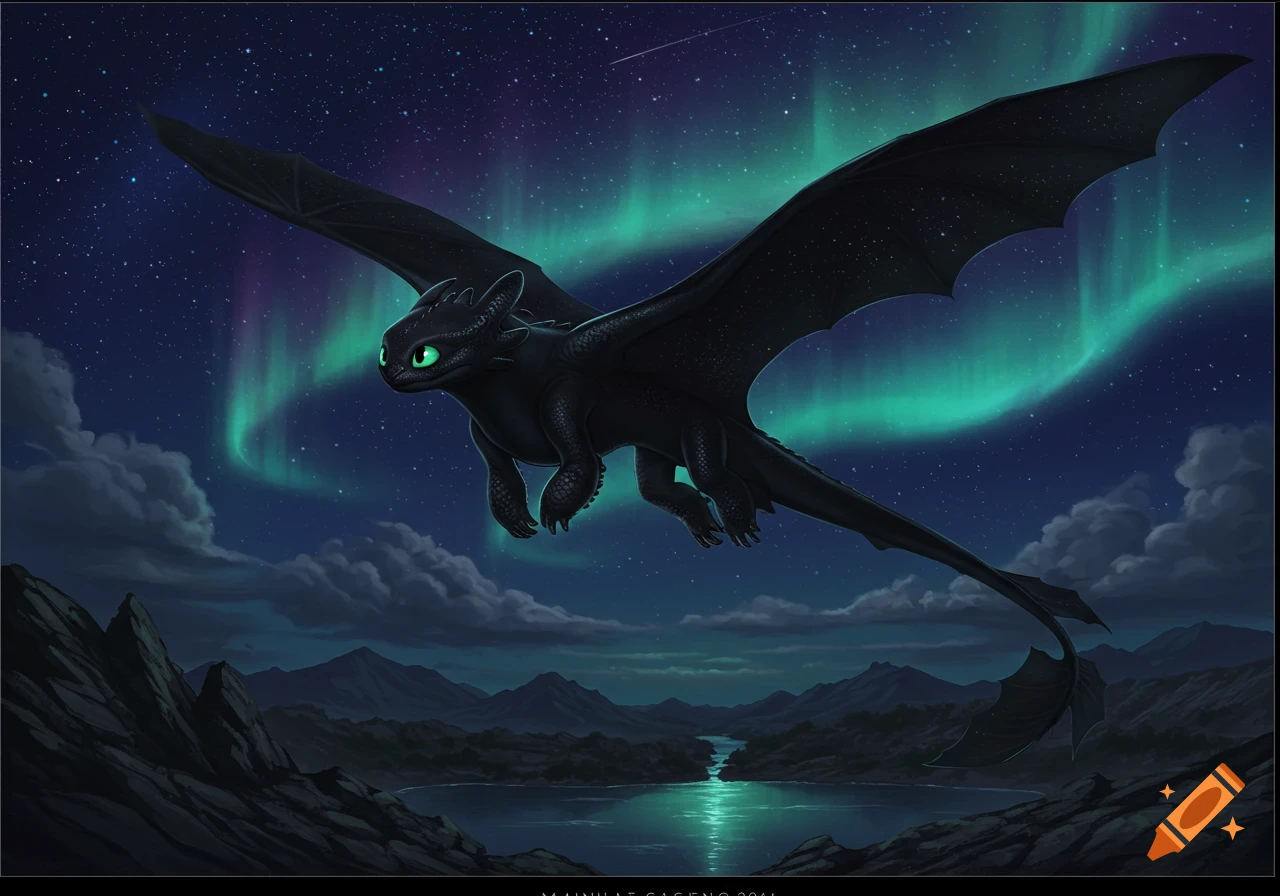 A black dragon with bright green eyes flies through a night sky filled with green and purple aurora borealis over mountains and a reflective lake.