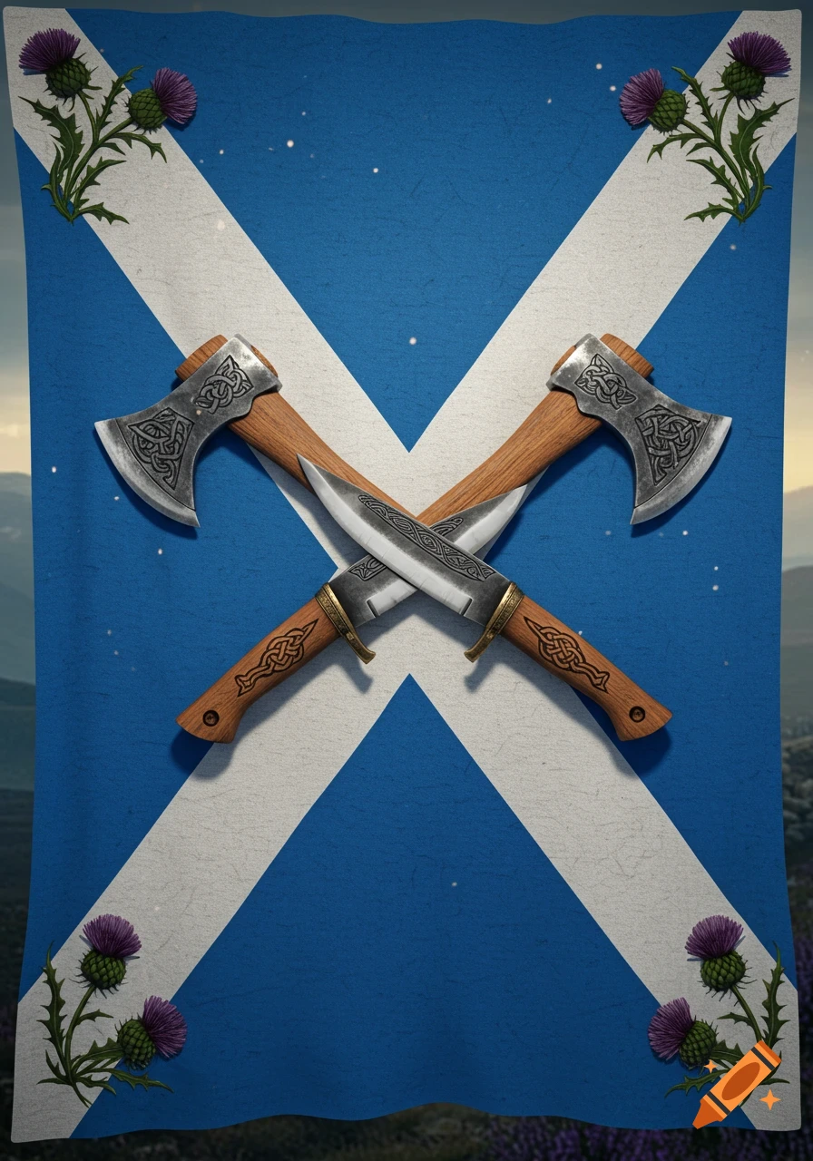 A Scottish flag with stylized battle axes and a knife crossing in the center, flanked by thistles.
