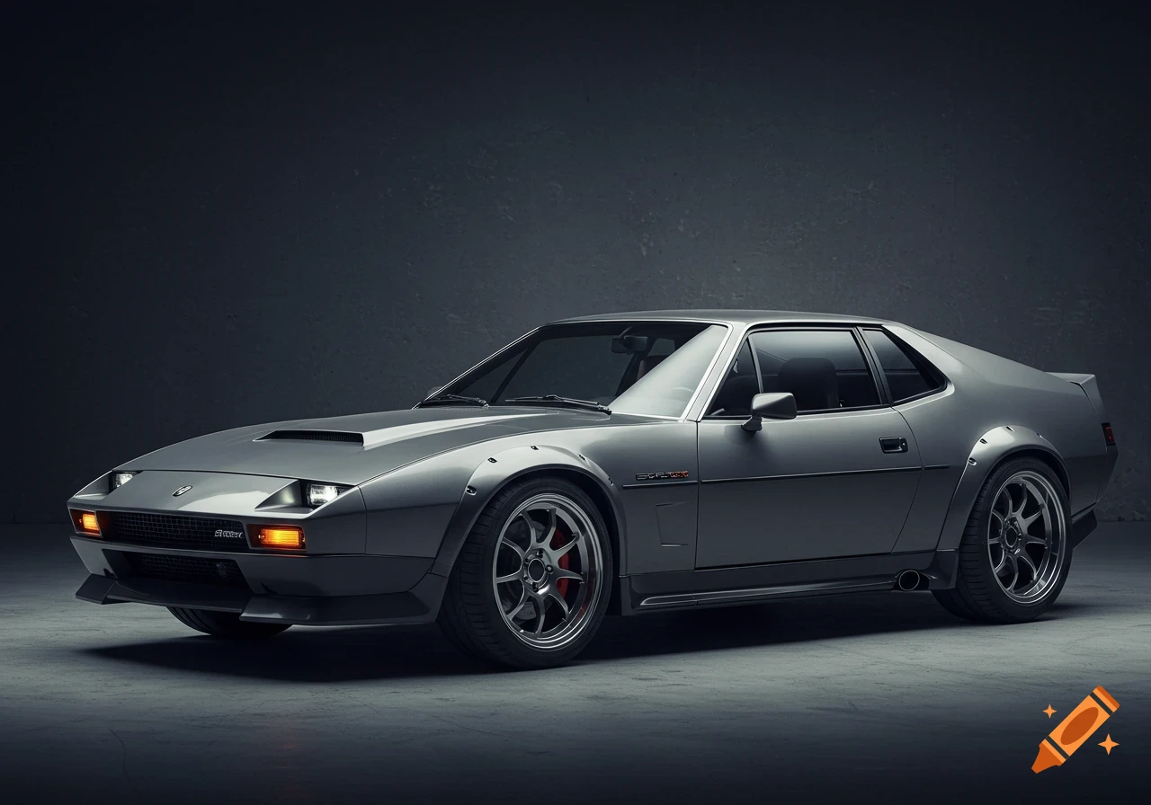Sleek grey retro-styled sports car with wide fenders parked in a moody, dark studio setting.