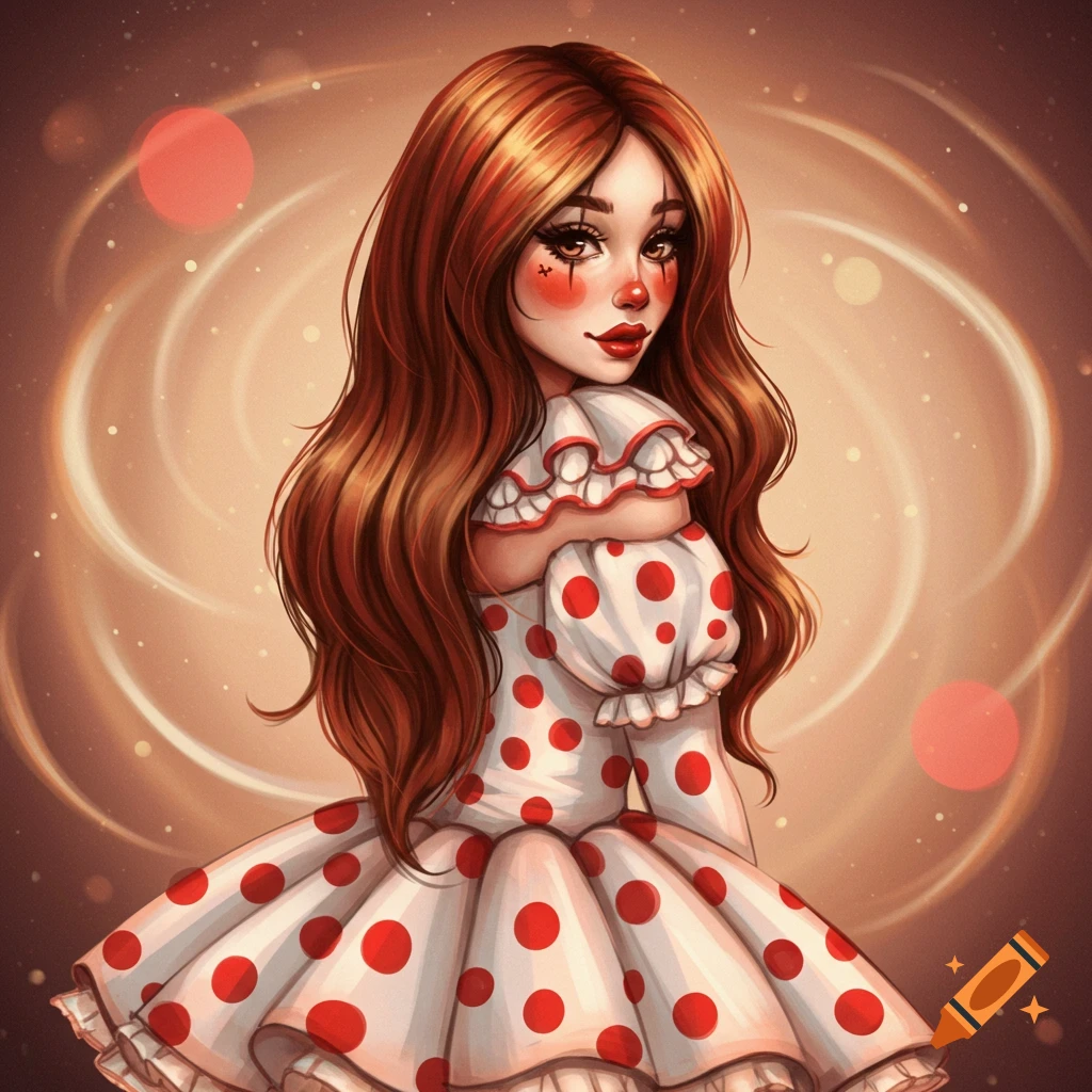 Stylized portrait of a cheerful clown woman with long brown hair, wearing a white and red polka-dot dress, against a swirling, warm background.