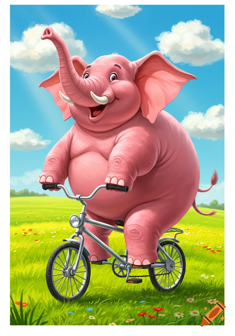 A chubby, happy pink elephant rides a tiny bicycle through a vibrant green field under a blue sky in a cartoon style.