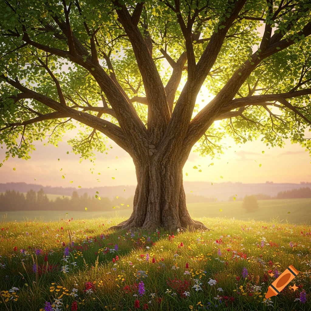 A large, leafy tree stands in a sunlit meadow filled with colorful wildflowers, with a golden sky.