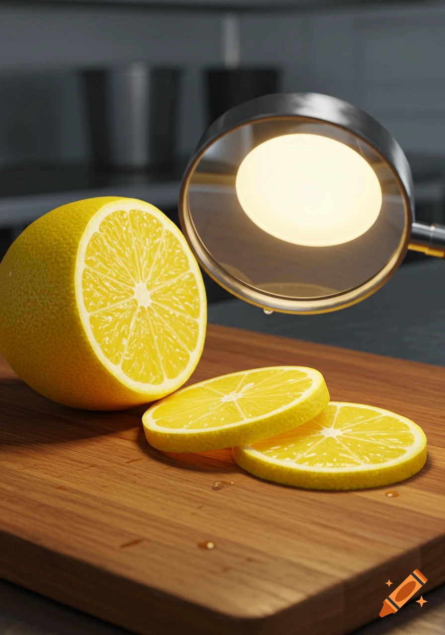 A photorealistic image of a half-sliced lemon and two lemon slices on a wooden cutting board, illuminated by a bright magnifying lamp.