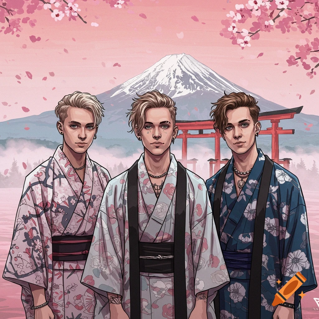 Three stylized men in modern kimonos with edgy accessories stand before Mt. Fuji, a torii gate, and cherry blossoms in ukiyo-e style.