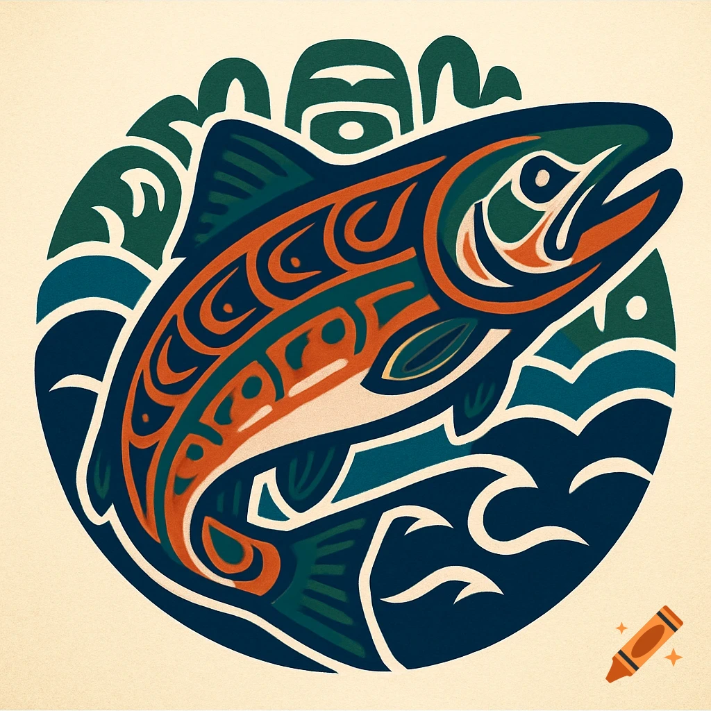 A retro Pacific Northwest tribal art style logo of a salmon in green, blue, and orange, within a circular wave pattern on a cream background.