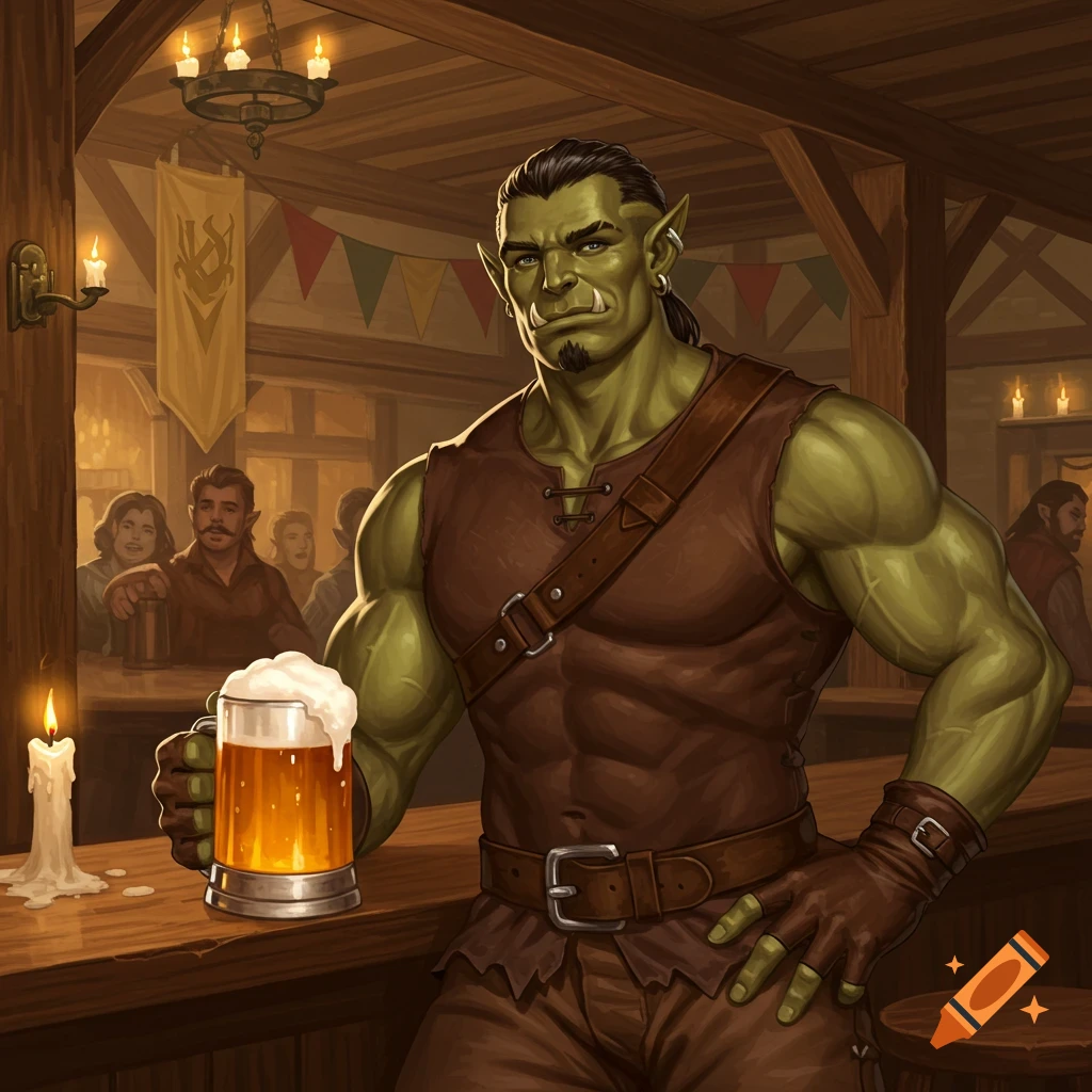 A muscular green-skinned orc stands at a wooden bar in a tavern, holding a frothy mug of beer. Digital painting.