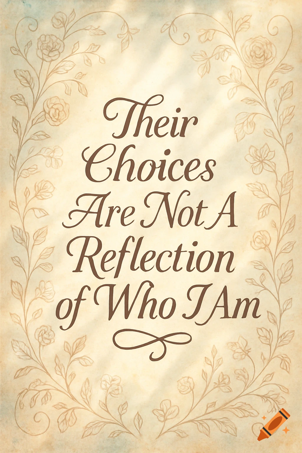 Vintage-style poster with the quote 'Their Choices Are Not A Reflection of Who I Am' in script font, surrounded by a floral border.