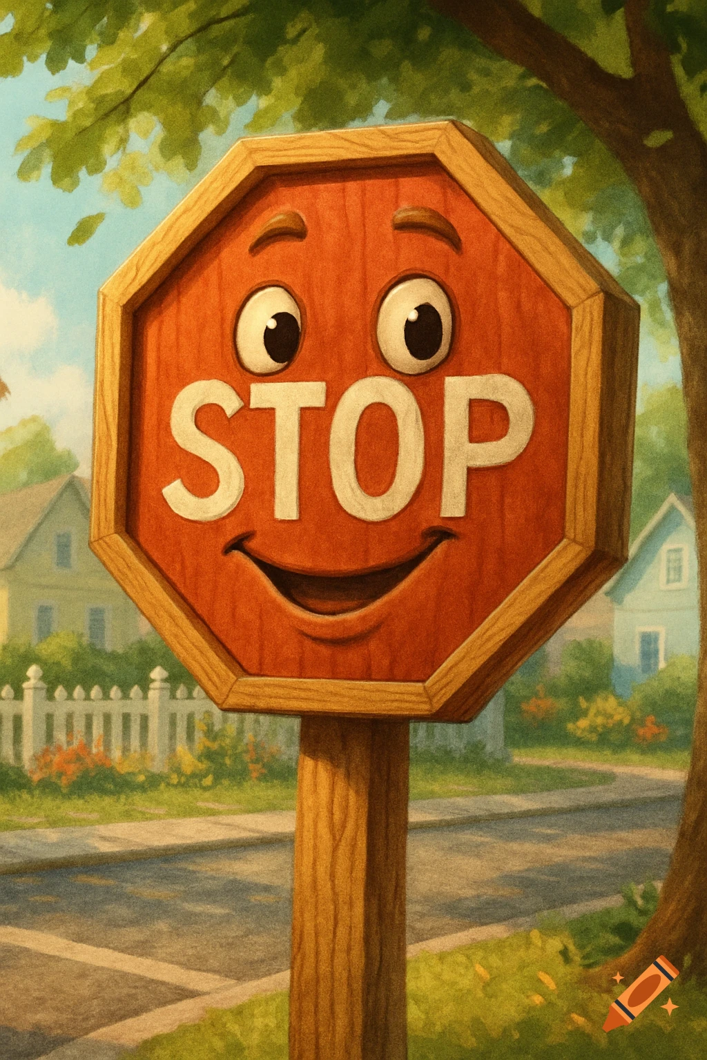 A friendly, anthropomorphic wooden stop sign with big eyes and a smile stands on a suburban street under a tree.