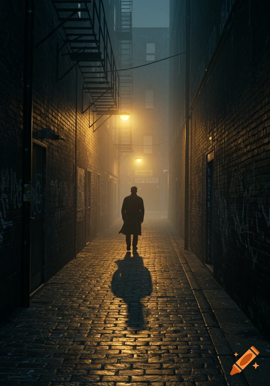 A lone figure walks down a dark, misty urban alleyway lit by yellow streetlights, casting a long shadow on wet cobblestones.