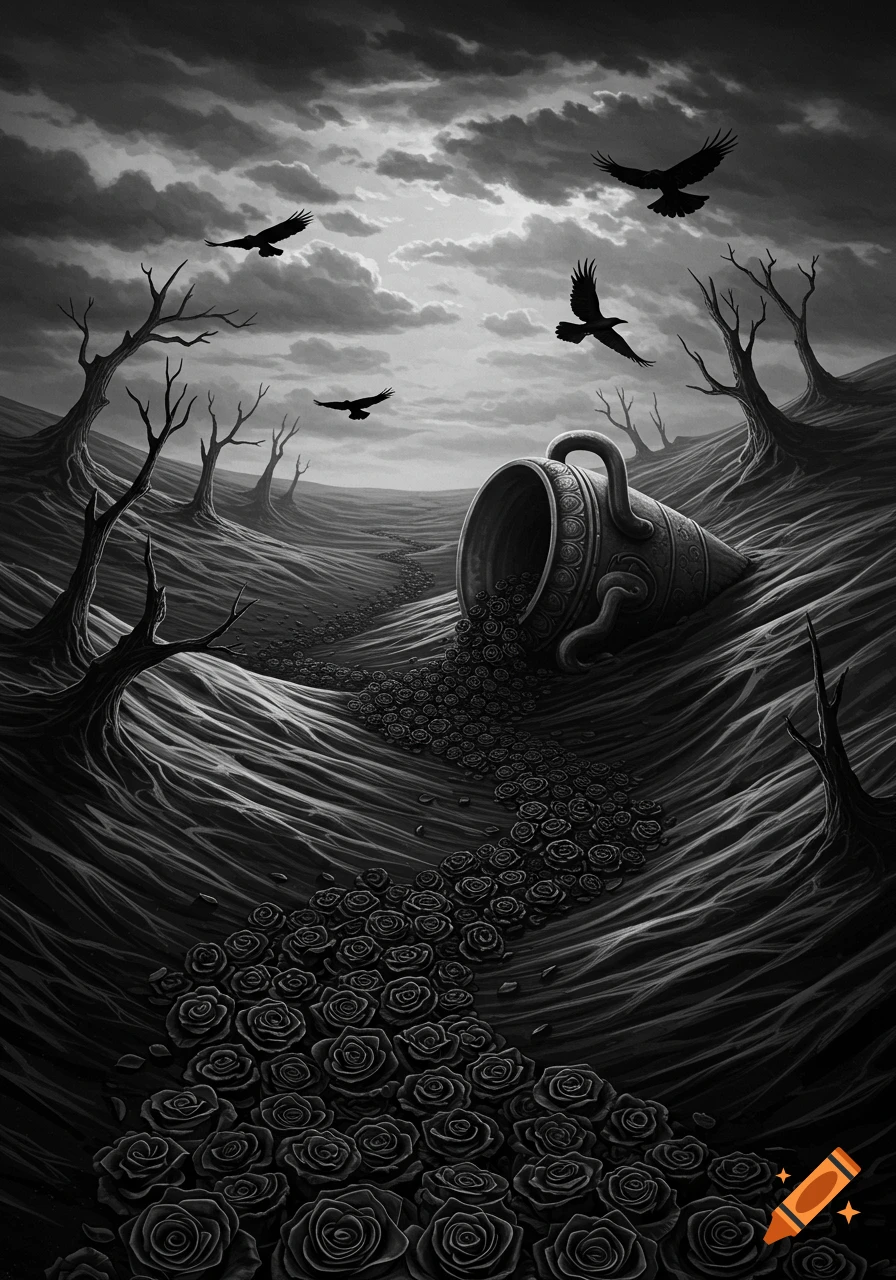 A black and white gothic scene with an urn spilling dark roses down a textured, barren landscape, under a cloudy sky with flying crows and dead trees.