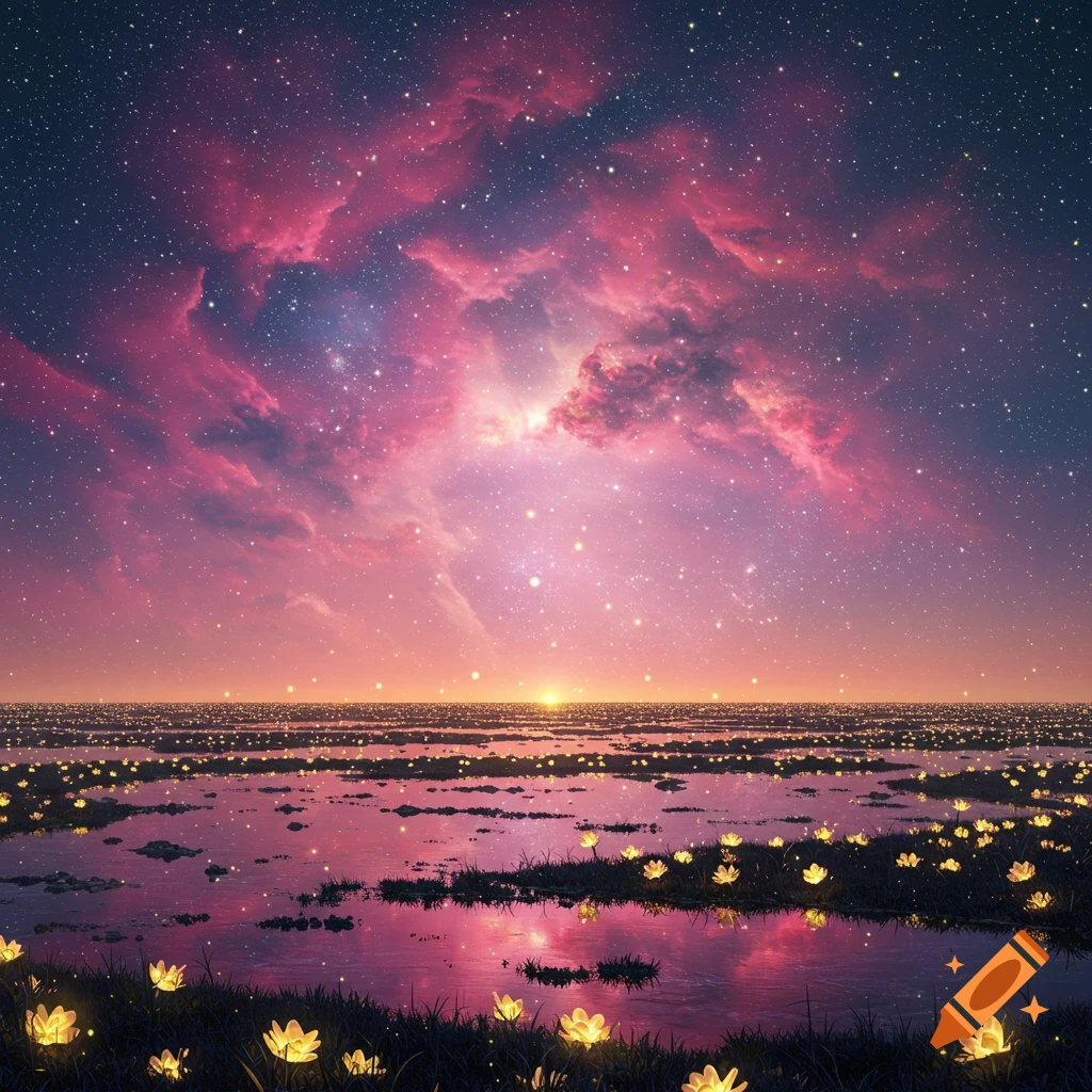 A dreamy landscape with a vibrant pink and purple starry sky over a marsh, featuring glowing yellow flowers and water reflections.