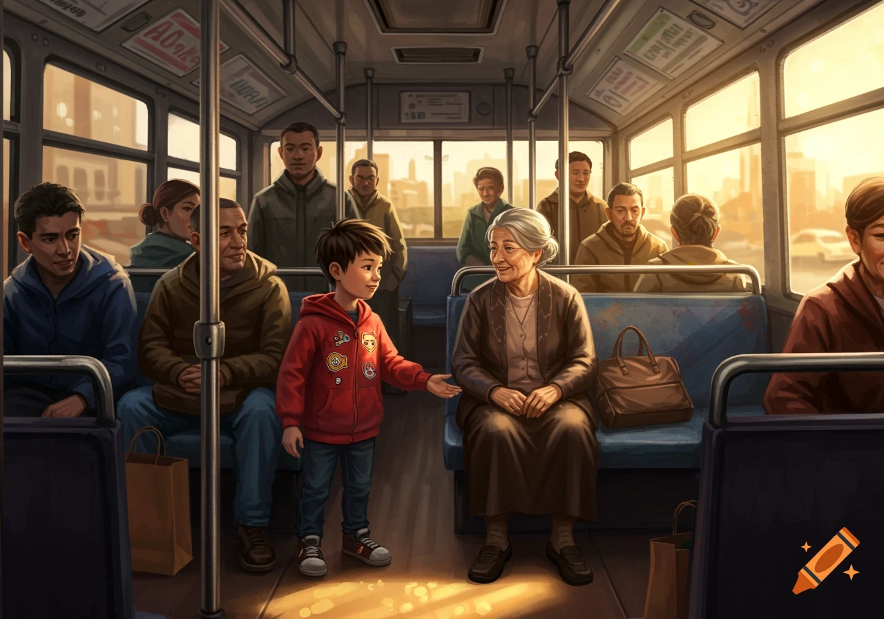 A young boy offers a seat to an elderly woman on a crowded bus, in an illustrated style.