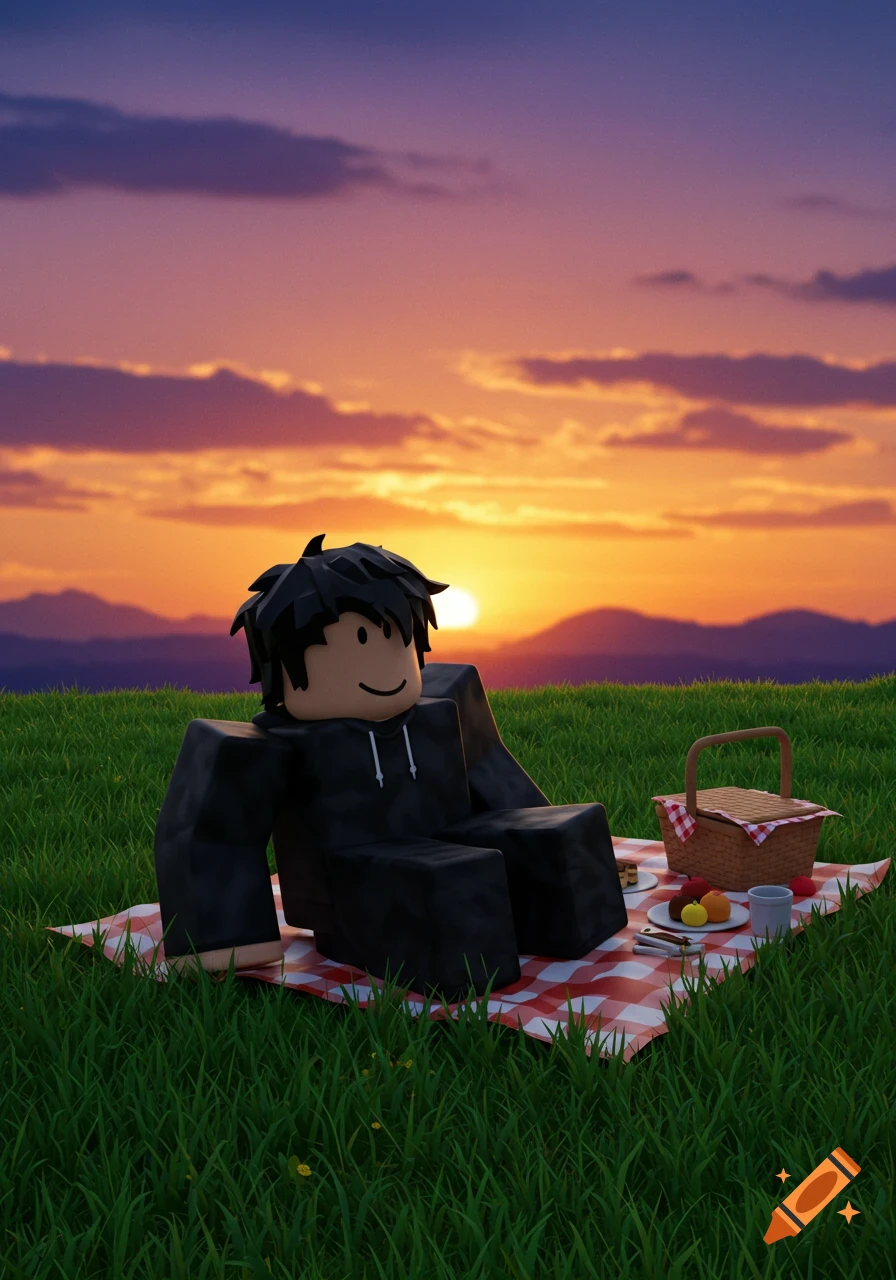 A 3D rendered Roblox character in a black hoodie lies on a red-checked picnic blanket with a basket and food at sunset.