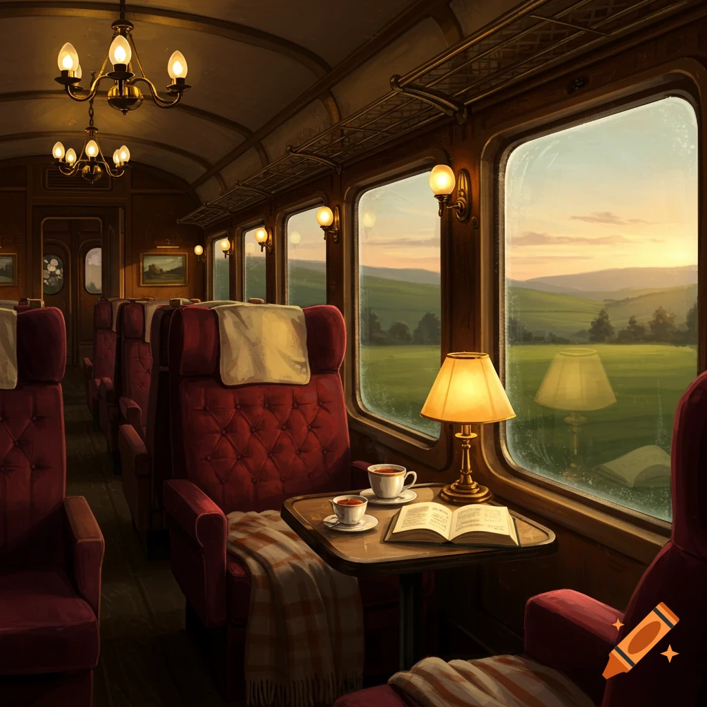 Cozy vintage train car interior at sunset, with red plush seats, a lamp, book, and tea on a table by a window overlooking a green landscape.