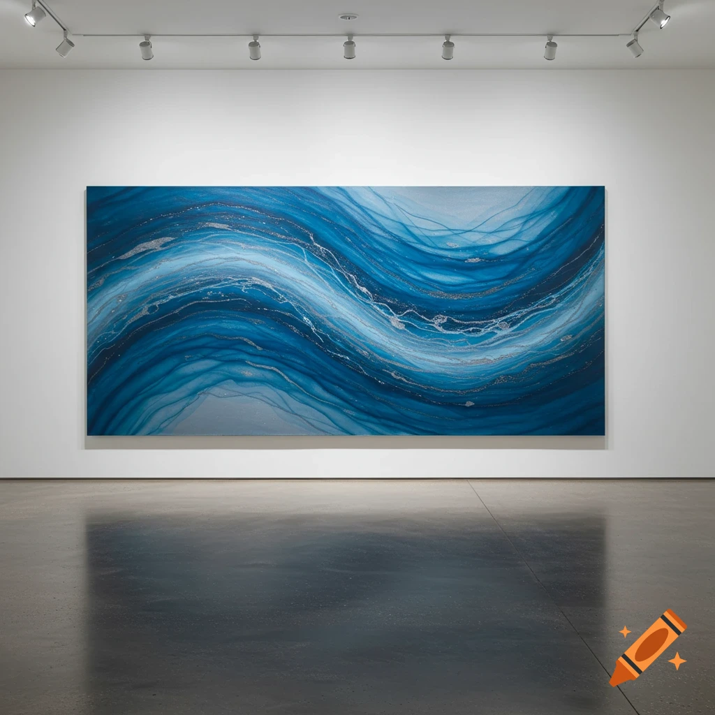 Large abstract painting with blue and silver wavy lines on a white gallery wall with track lighting and a reflective floor.