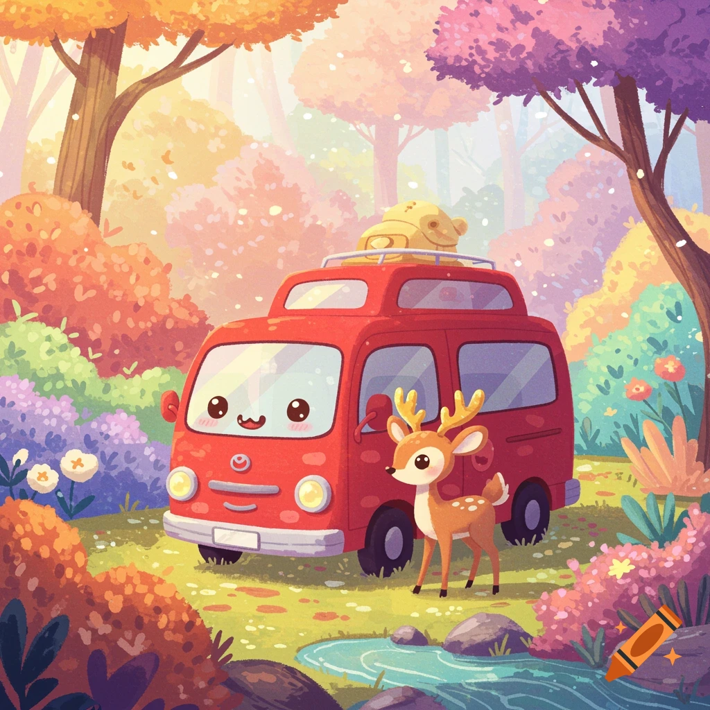 A whimsical cartoon of a red van with a smiling face and a fawn with golden antlers in a vibrant, pastel forest with a stream.