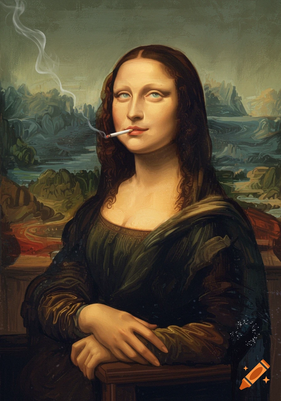 A stylized painting of Mona Lisa with a cigarette in her mouth, exhaling smoke, and rolling her eyes, in the style of the classic artwork.
