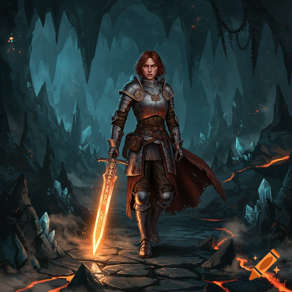 A female paladin in dented half-plate armor walks through a dark cave with glowing crystals and lava, holding a luminous greatsword.