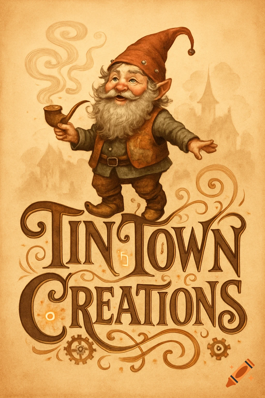 A vintage-style illustration of a smiling gnome with a long white beard and red hat, holding a smoking pipe, standing above the words 'TIN TOWN CREATIONS'.