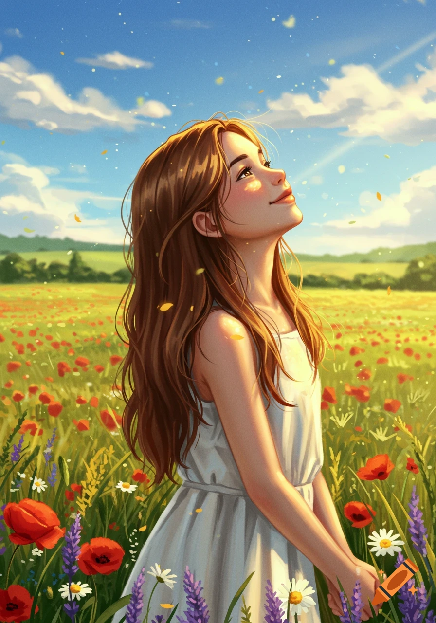 An illustration of a young girl with long brown hair, wearing a white ...