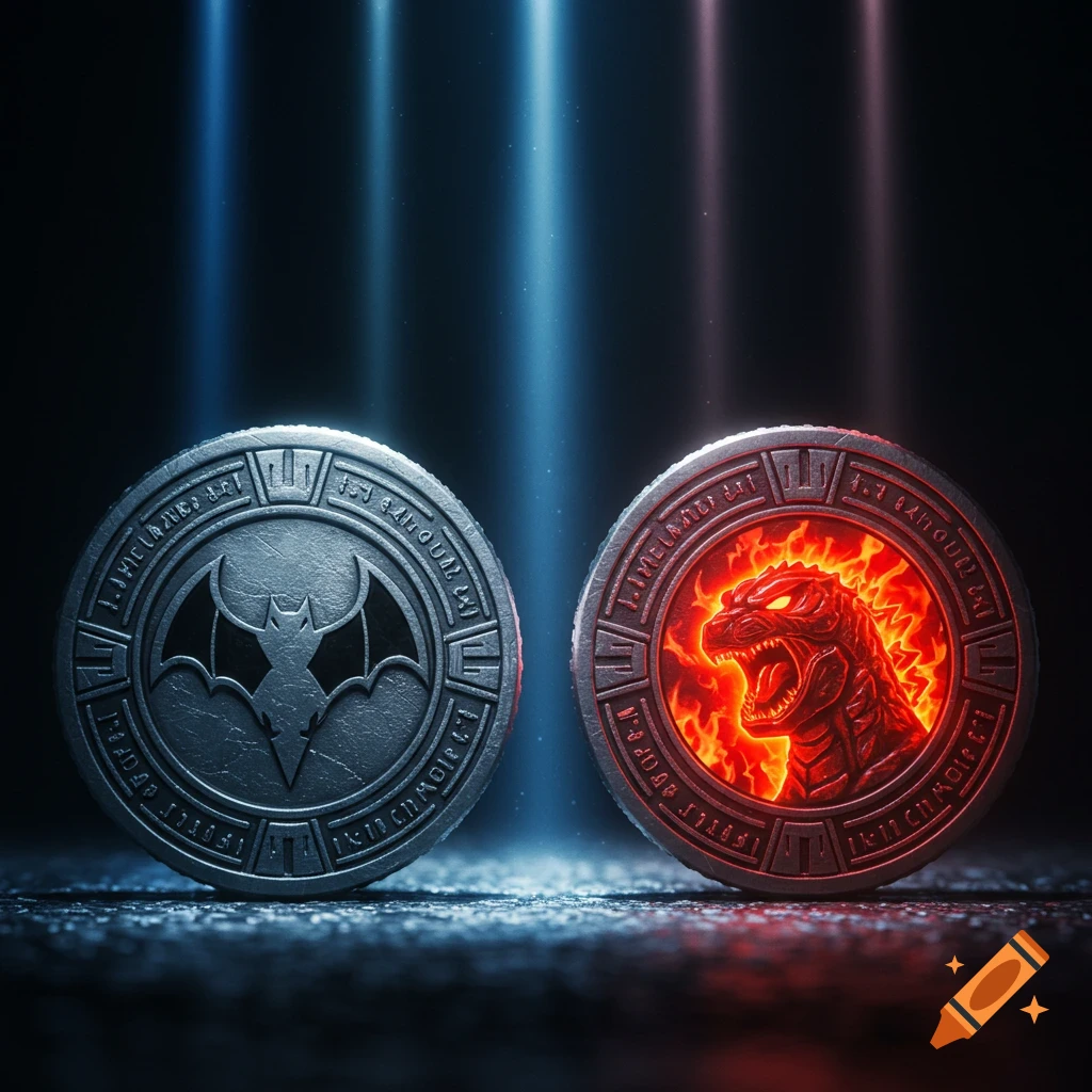 Two metallic power coins, one silver with a bat symbol and blue light, the other red with a fiery Godzilla and red light, on a dark surface.