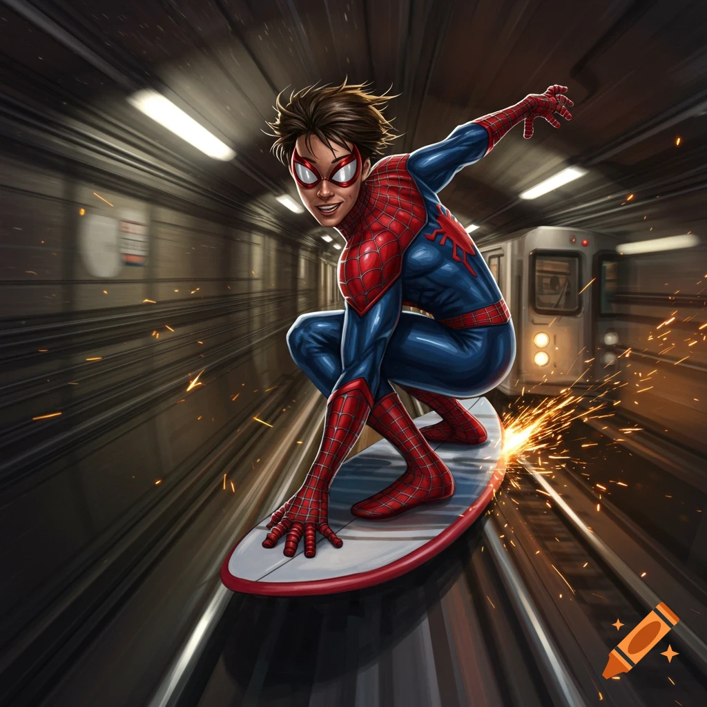 A comic book-style Spider-Man crouches on a surfboard, speeding through a dark subway tunnel with sparks flying from the board.
