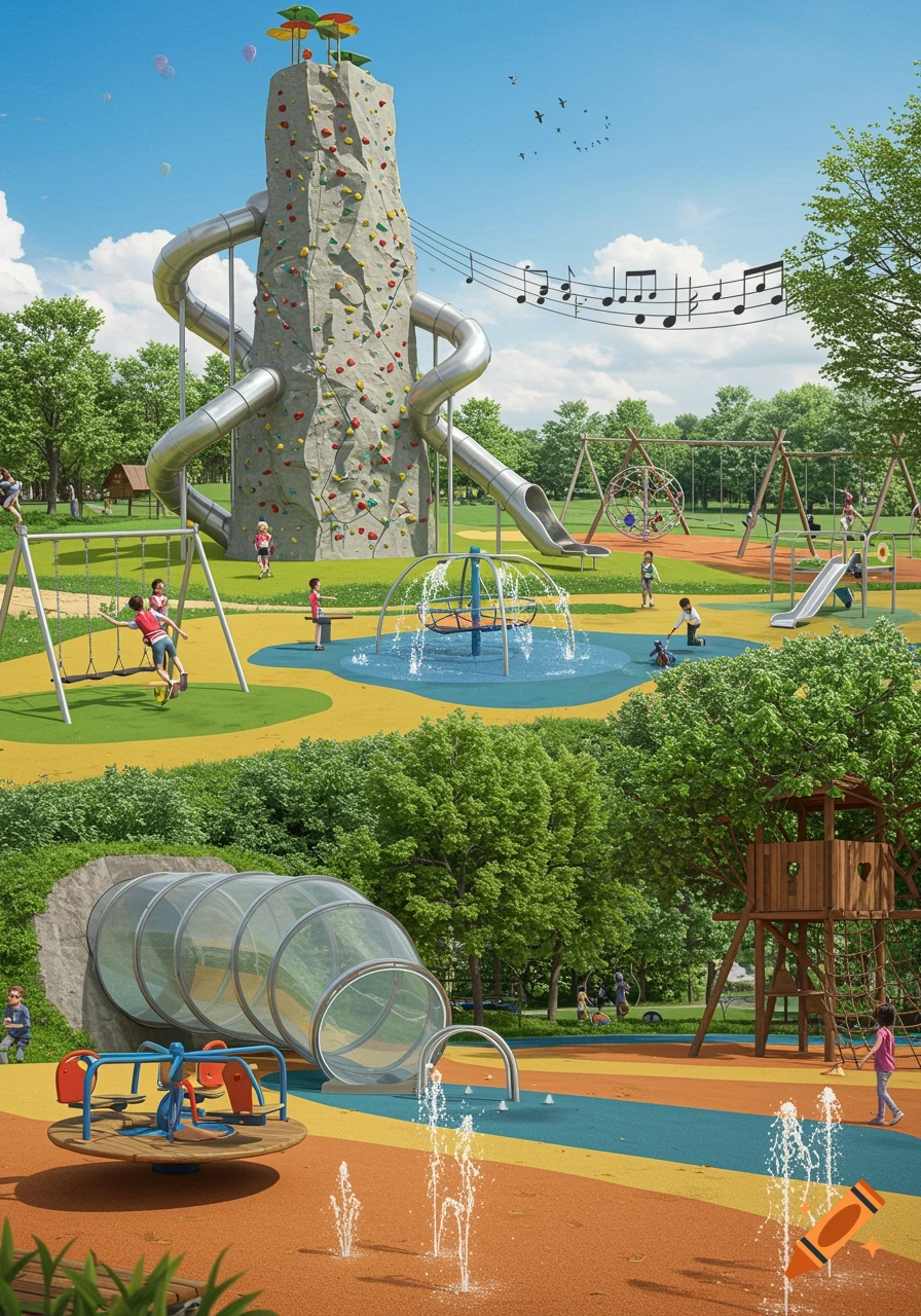 A vibrant, expansive playground with a tall climbing wall, multiple slides, swings, a water splash pad, merry-go-round, and a treehouse fort, filled with children playing under a blue sky.