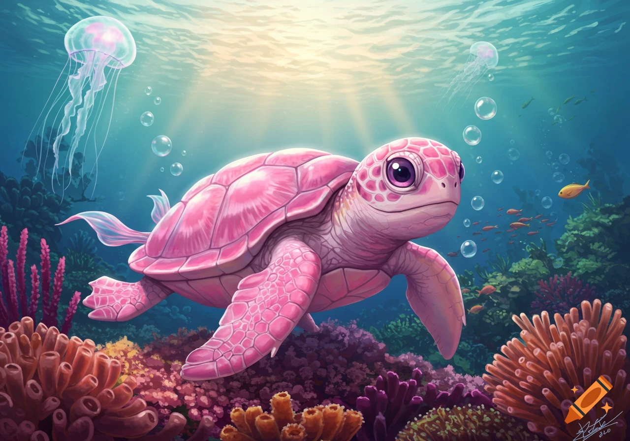 A cute pink bubblegum turtle swims among colorful coral and small fish in a vibrant underwater scene with jellyfish.