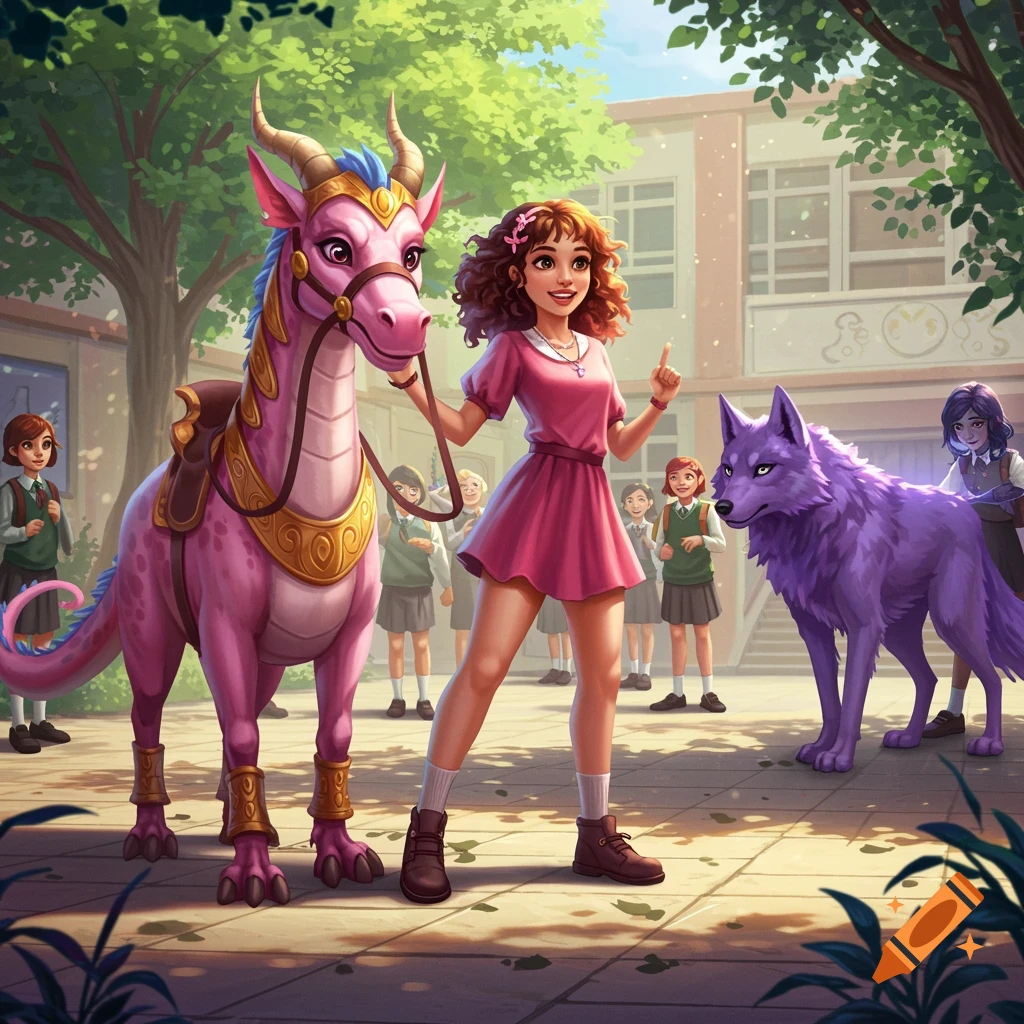 A cheerful girl with a pink dragon stands in a school courtyard with a purple wolf and other students, in a colorful fantasy illustration.