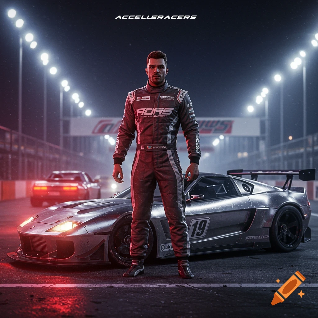 Photorealistic image of a male race car driver in a suit standing on a track next to a silver sports car at night, with another car in the background.