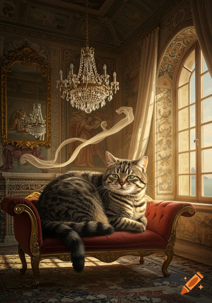 A photorealistic image of a striped cat lounging on a red velvet chaise lounge in an ornate, antique room with a chandelier and large window.